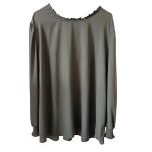 Loft Womens Plus 26 Ruffle-Trim Olive Green Long-Sleeve Blouse Business Office
